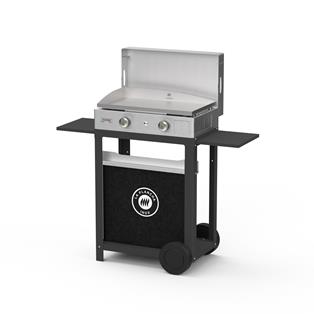 La Plancha Inox Duo Edition: La Plancha Inox Gas 260 Stainless Steel - French Griddle + Black Cart + Stainless Steel Lid + Spice Rack and Curtain