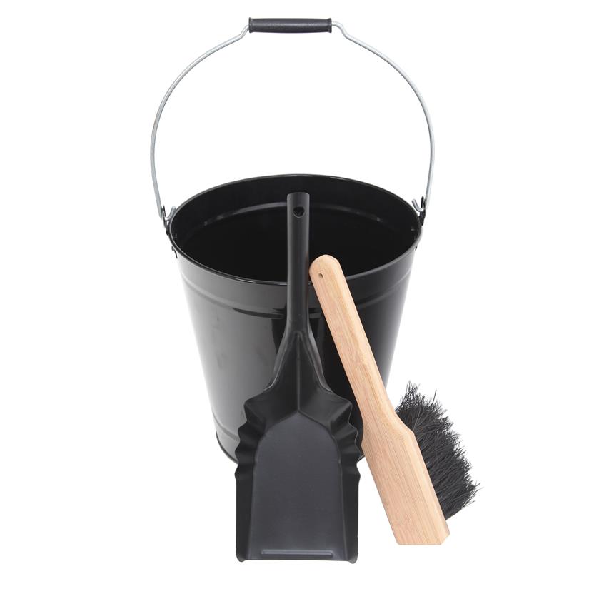 Bucket + Scoop + Broom Set Black & Wood