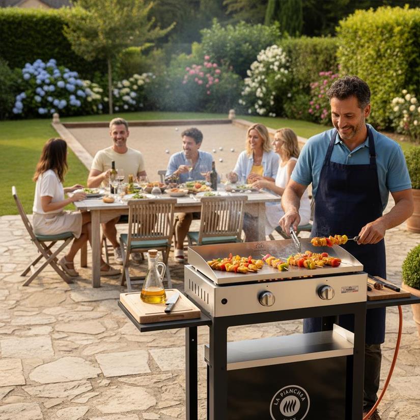 La Plancha Inox Duo Edition: La Plancha Inox Gas 260 Stainless Steel - French Griddle + Black Cart + Stainless Steel Lid + Spice Rack and Curtain