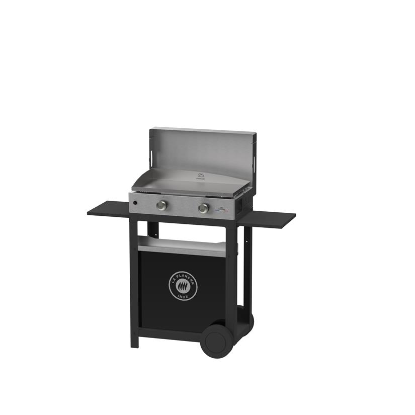 La Plancha Inox Duo Edition: La Plancha Inox Gas 260 Stainless Steel - French Griddle + Black Cart + Stainless Steel Lid + Spice Rack and Curtain